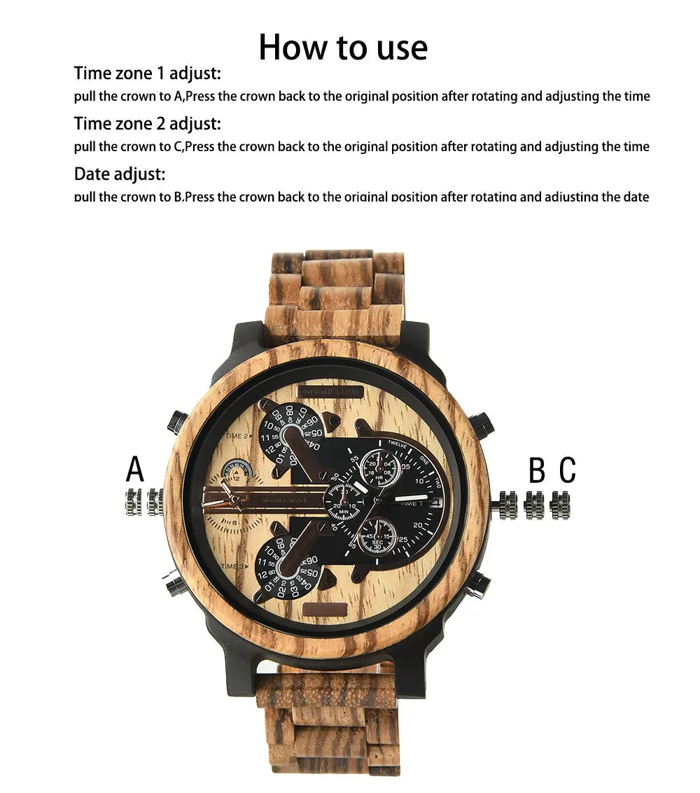 Chronographic Men’s Wooden Sports Watch - Luminous Hands With Large Face - Quartz Movement & Analog Time