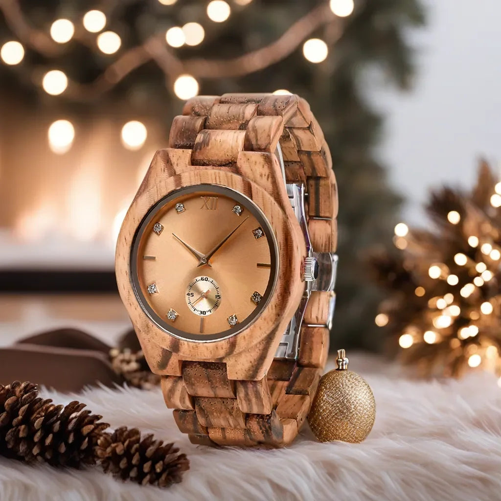 Women’s Wooden Watch With Decorative Rhinestones - Natural Wood Dial And Bracelet Wristwatch For Ladies