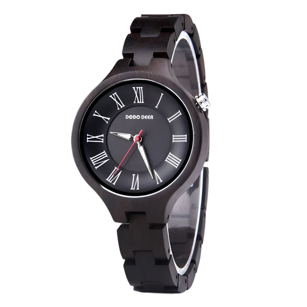 Women’s Quartz Wrist Watch - Ebony Wooden Watch With Luminous Hands - Analog Face & Roman Numerals