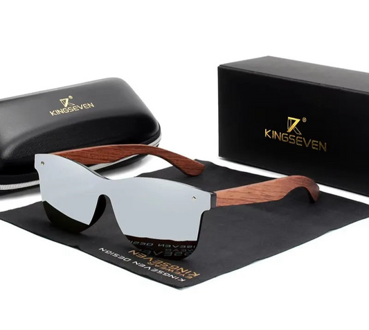 Men’s UV Polarized Mirror Lens Sunglasses - Rectangular Shaped Wooden Frames