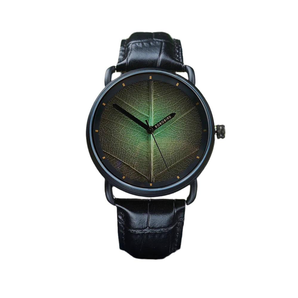 Unisex Wooden Watch With Real Leaf Dial Pattern - Fashion Wristwatch With Genuine Leather Strap For Men or Women