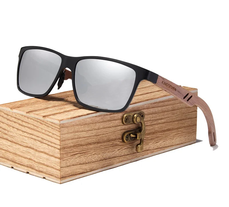 Men’s Retro Style Wooden Sunglasses - Rectangle Frame With UV400 Polarized Mirror Lens