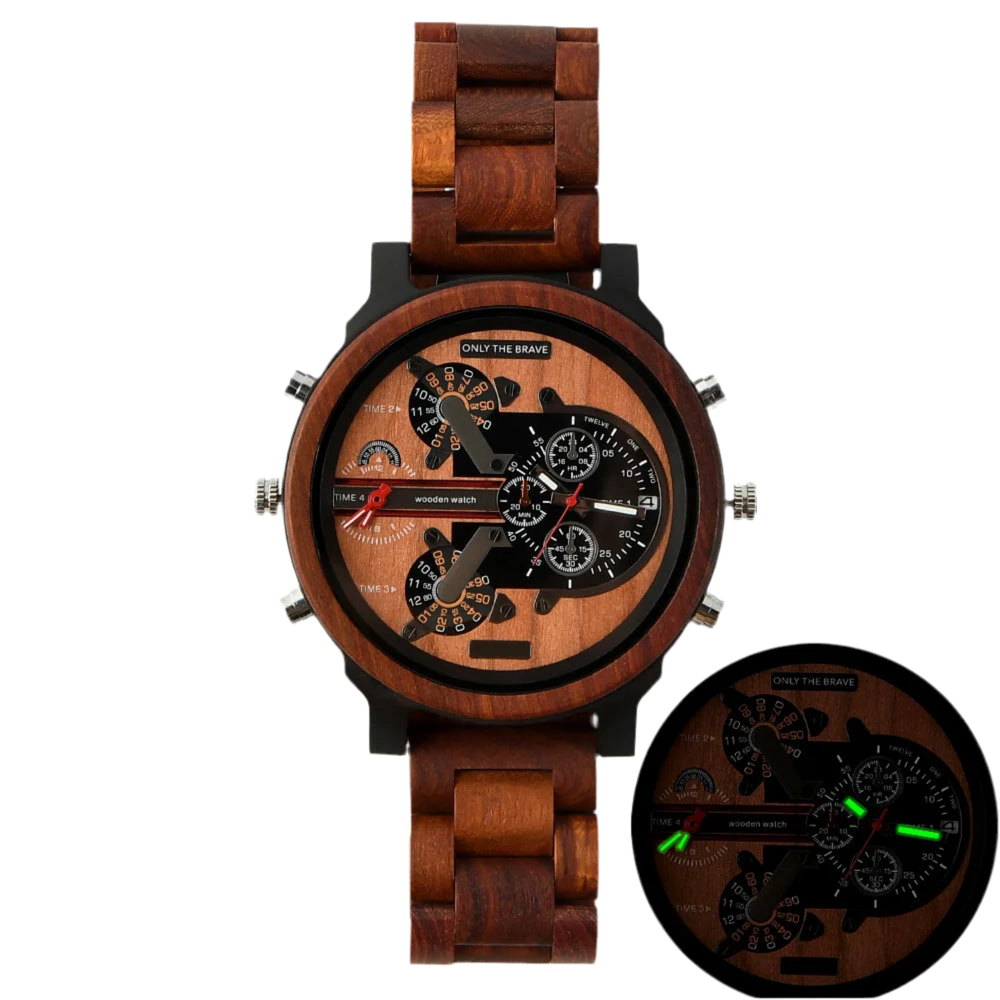 Men's Large Chronographic Dial Wooden Watch - Sports Style With Luminous Hands And Quartz Movement