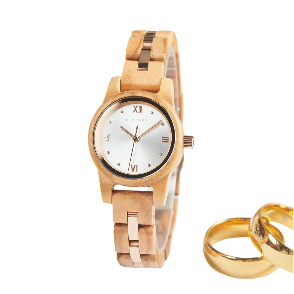 Women's Round Face Wooden Watch Fashion Quartz Watch for Ladies With Paper Gift Box