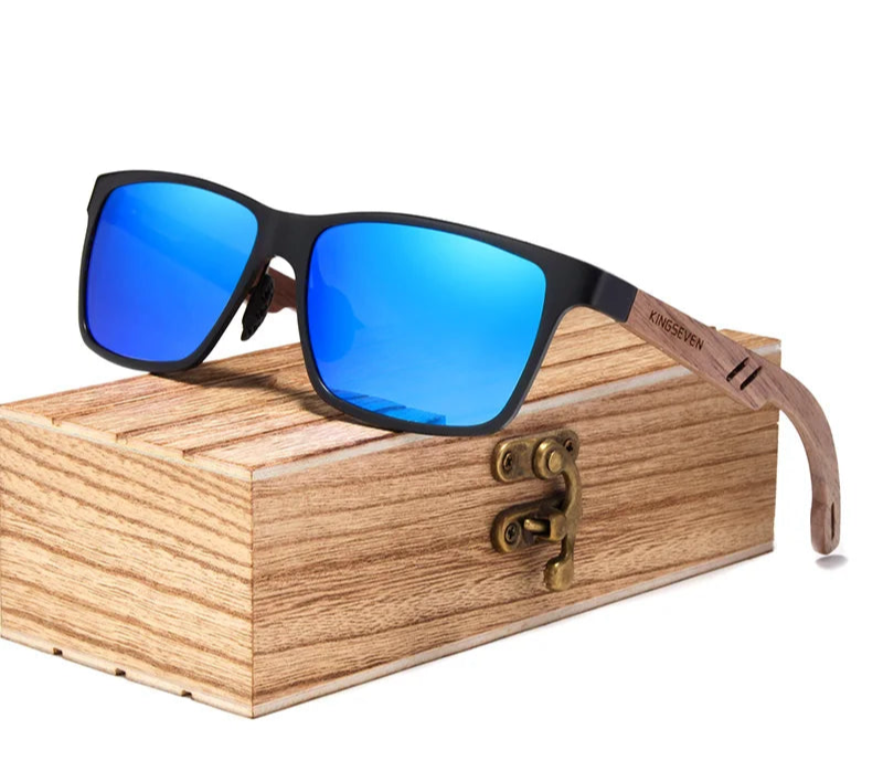 Men’s Retro Style Wooden Sunglasses - Rectangle Frame With UV400 Polarized Mirror Lens