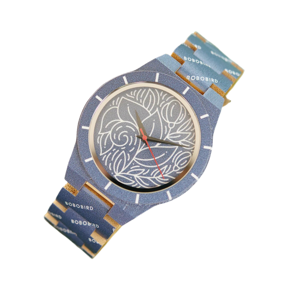 Men's Bamboo Wooden Watch with Pattern - Quartz Movement Pattern Printed Colorful Wristwatch