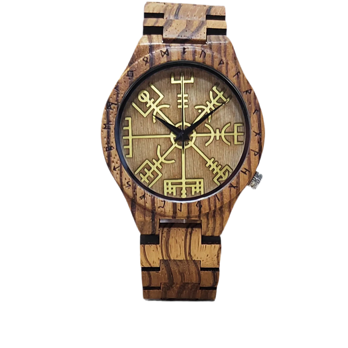 Men’s Analog Wooden Watch With Viking Symbol Face - Classic Quartz Movement
