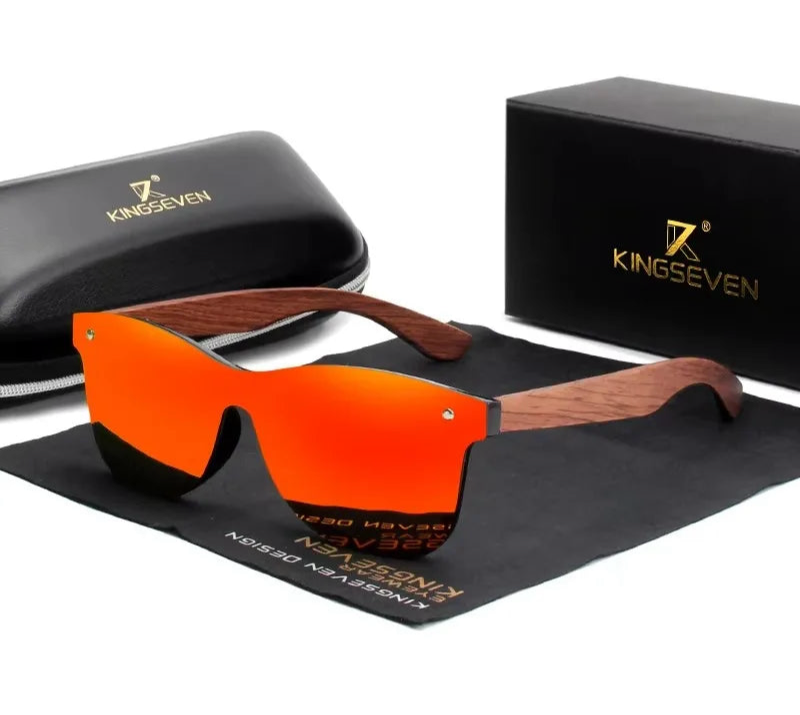 Men’s UV Polarized Mirror Lens Sunglasses - Rectangular Shaped Wooden Frames