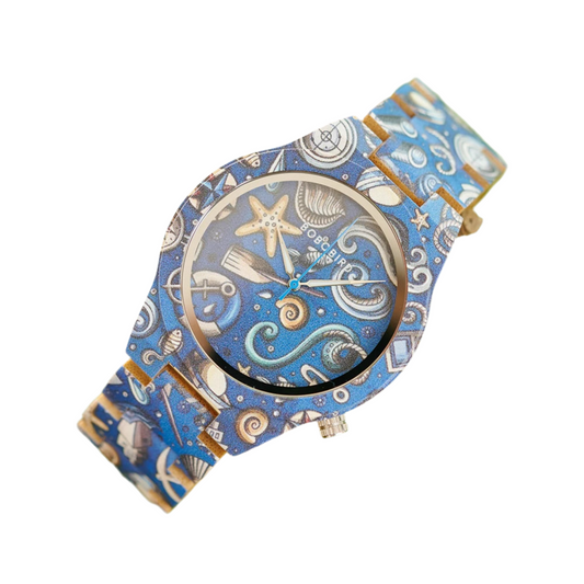 Men's Bamboo Wooden Watch with Pattern - Quartz Movement Pattern Printed Colorful Wristwatch