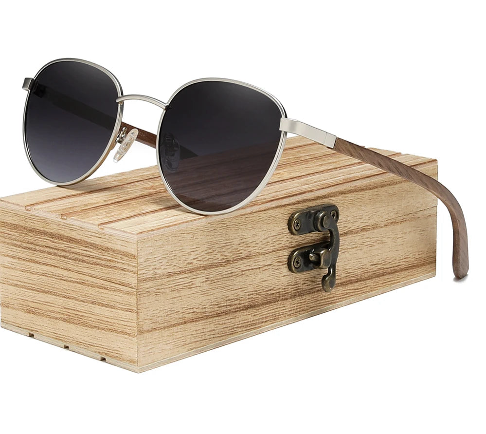 Handmade Walnut Wooden Sunglasses For Men - Polarized UV400 Protection Retro Round Lenses