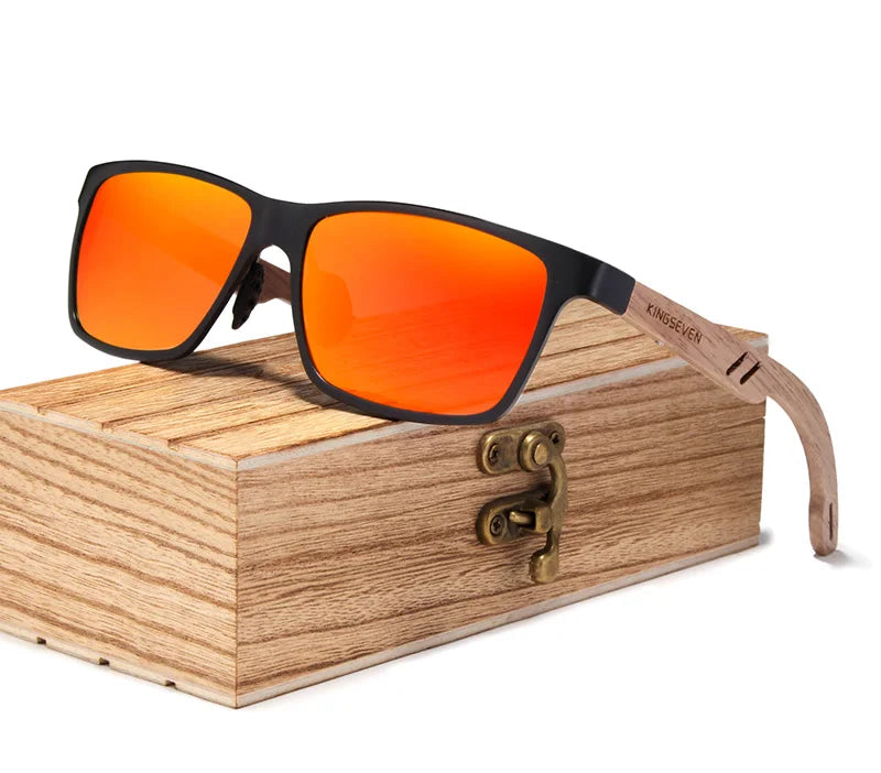 Men’s Retro Style Wooden Sunglasses - Rectangle Frame With UV400 Polarized Mirror Lens