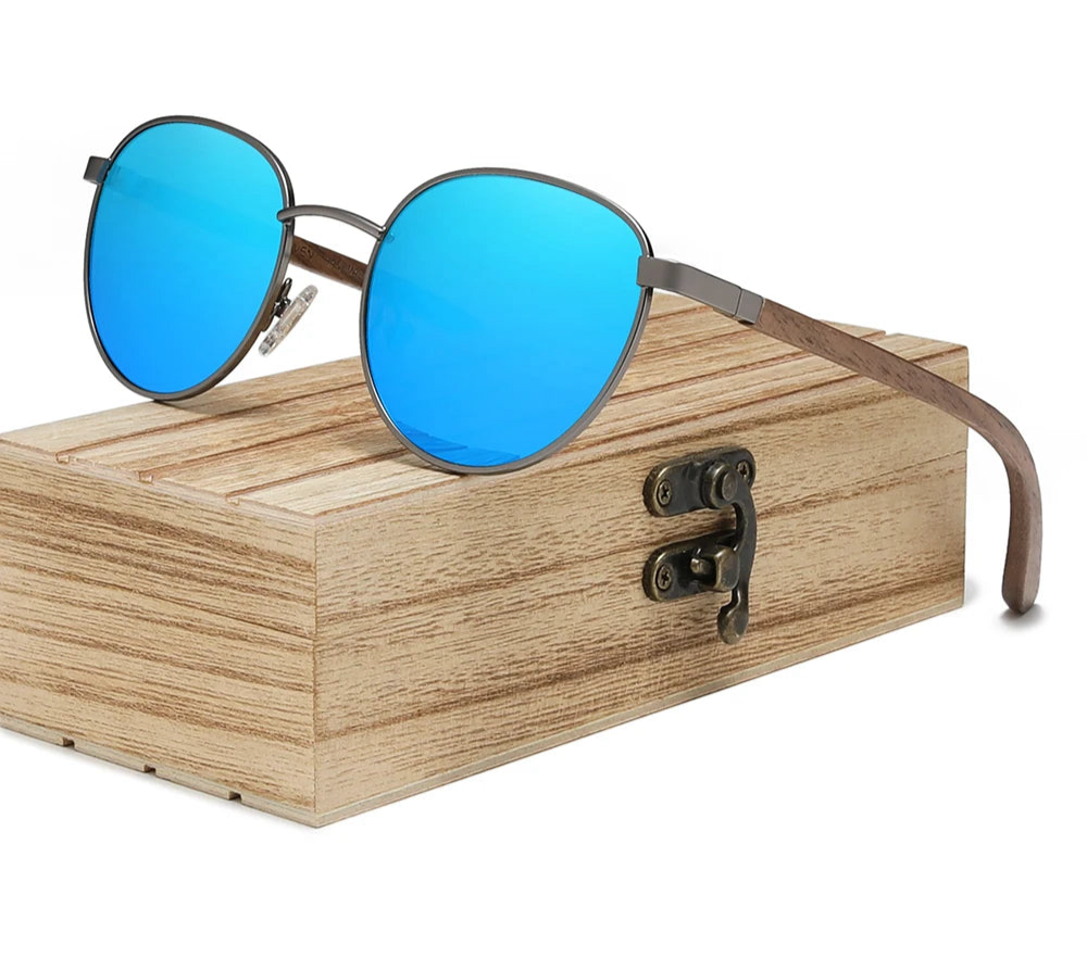 Handmade Walnut Wooden Sunglasses For Men - Polarized UV400 Protection Retro Round Lenses