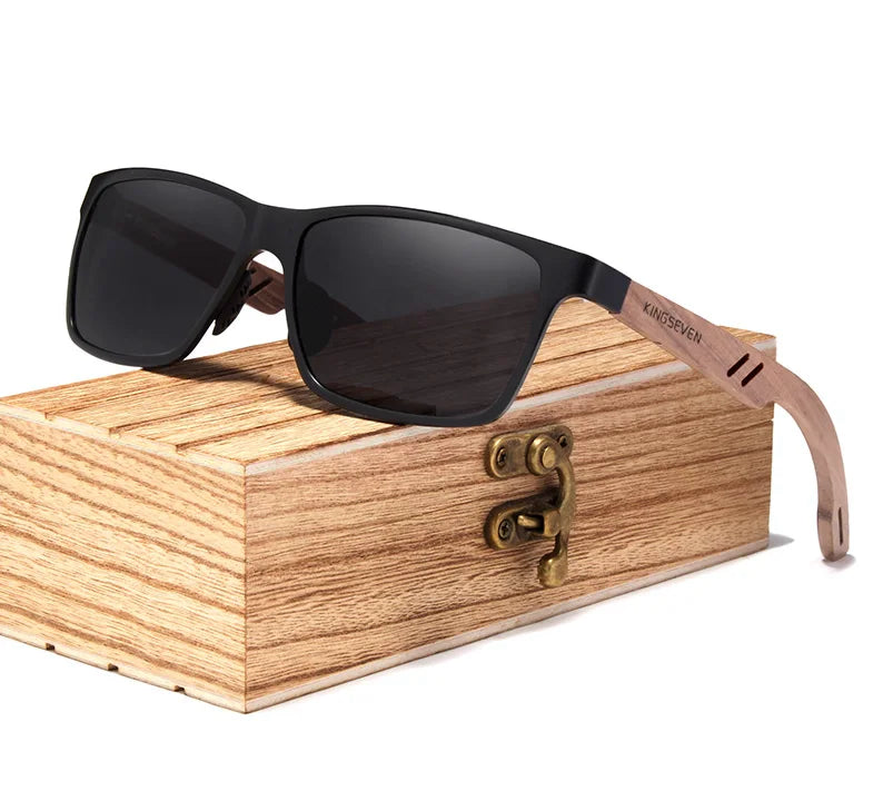 Men’s Retro Style Wooden Sunglasses - Rectangle Frame With UV400 Polarized Mirror Lens