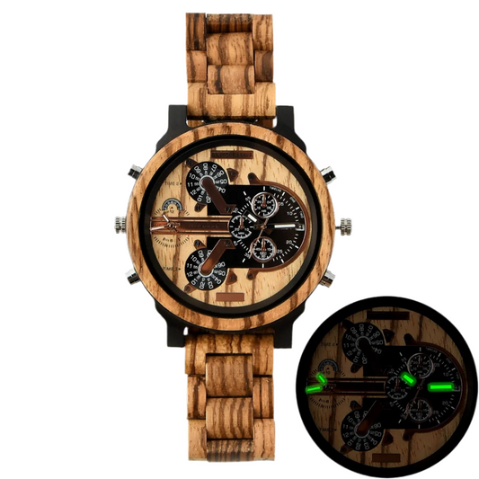Men's Large Chronographic Dial Wooden Watch - Sports Style With Luminous Hands And Quartz Movement