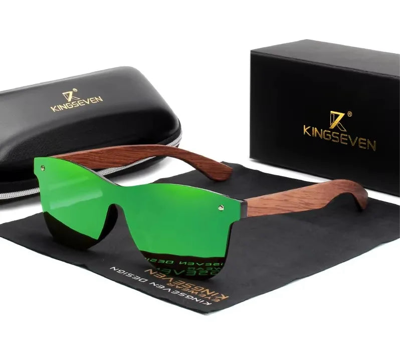 Men’s UV Polarized Mirror Lens Sunglasses - Rectangular Shaped Wooden Frames