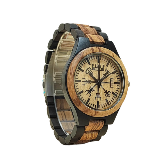 Men’s Analog Wooden Watch With Viking Symbol Face - Classic Quartz Movement
