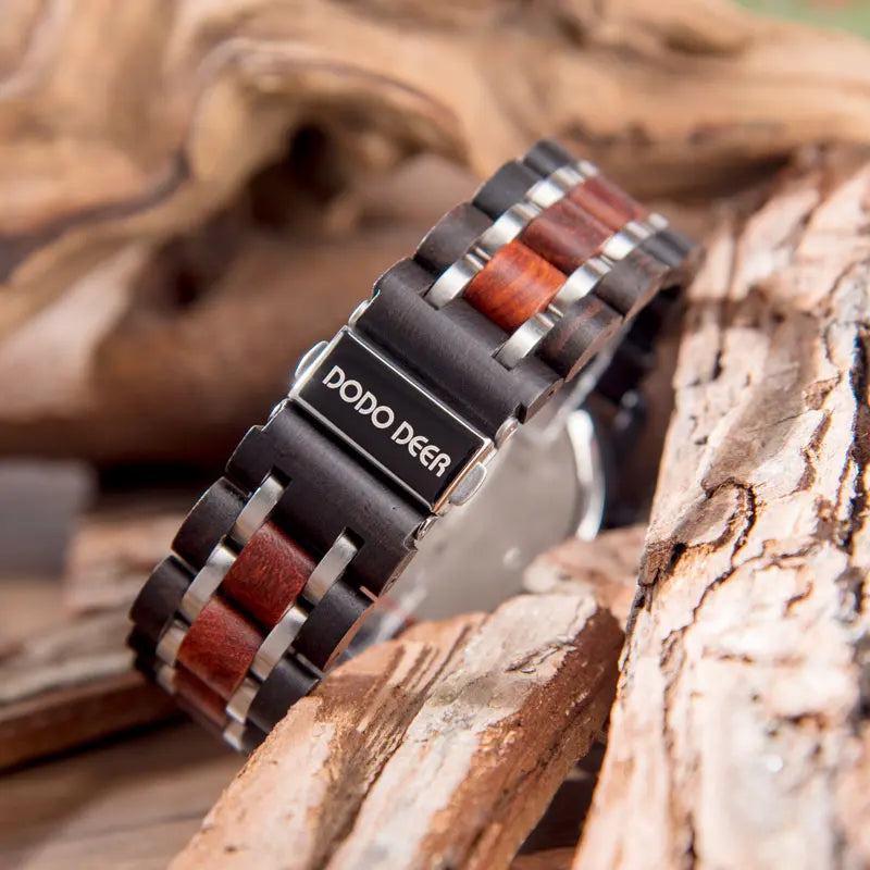 Men’s Stainless Steel And Wood Wrist Watch - Chronographic Sports Face With Analog Date And Time Display