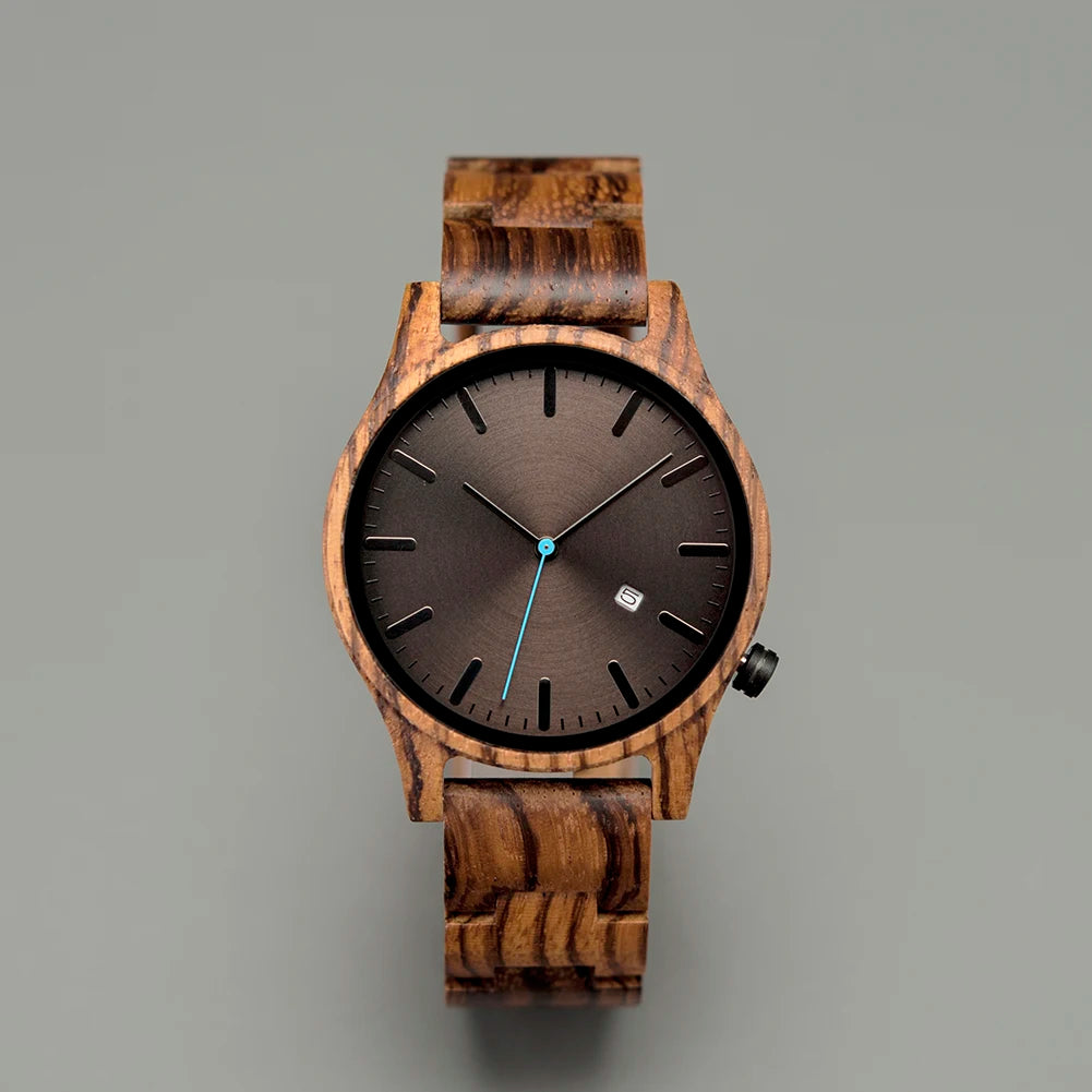 Wooden Watch For Men With Auto Date Round Analog Face - Classic Style And Quartz Movement