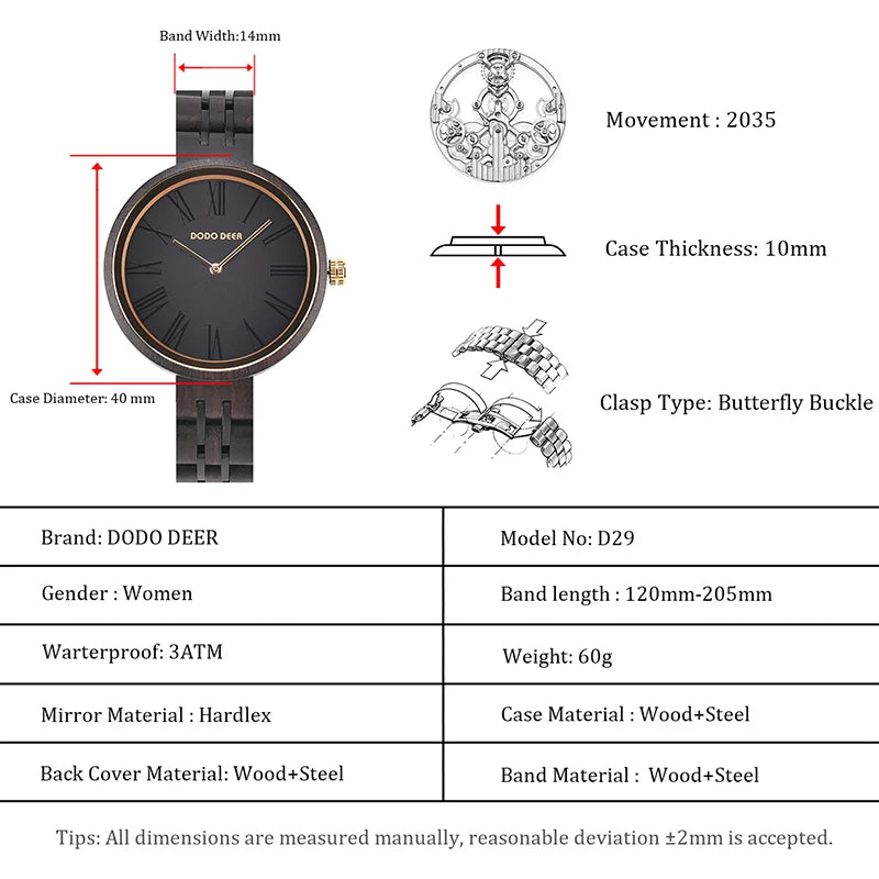 Fashion Ebony Wooden Watch For Women - Round Analog Face With Roman Numerals