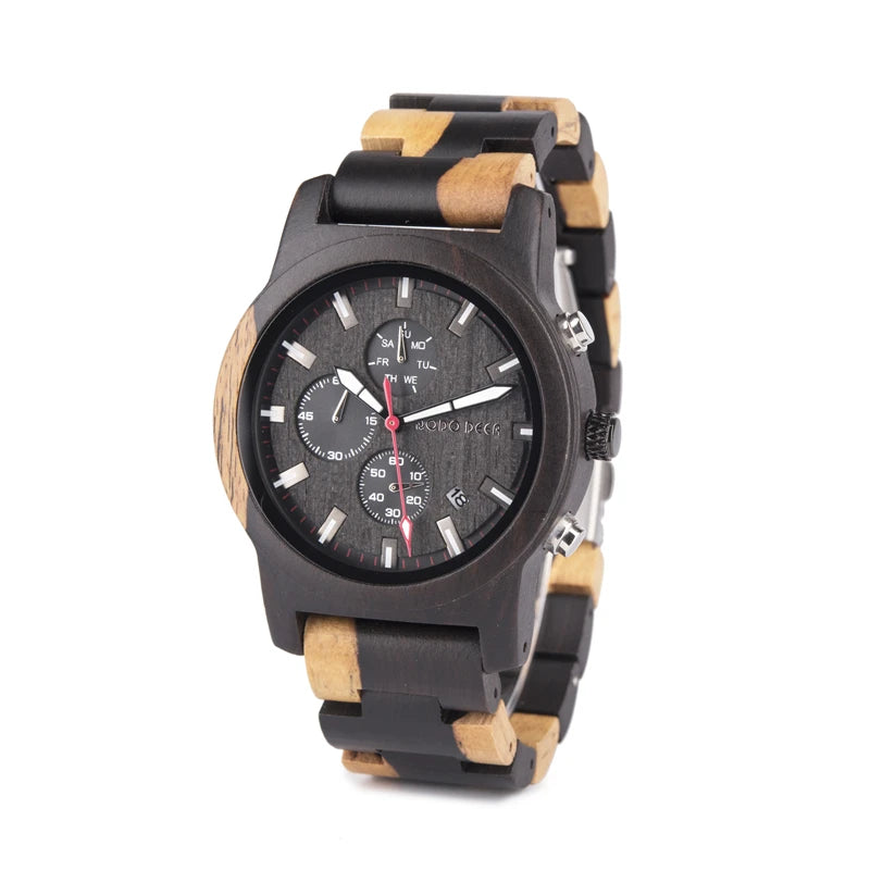 Men’s Quartz Wooden Watch With Luminous Hands And Round Face - Sports Style Wristwatch With Analog Time And Date Display