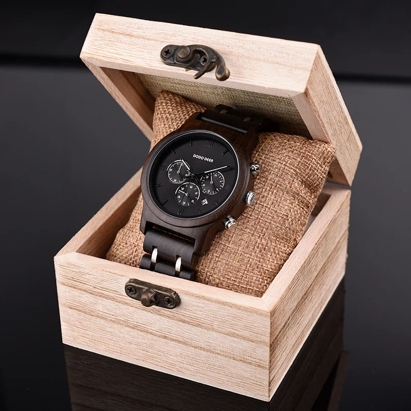 Men’s Classic Sports Wooden Watch - Round Analog Face With Date Display
