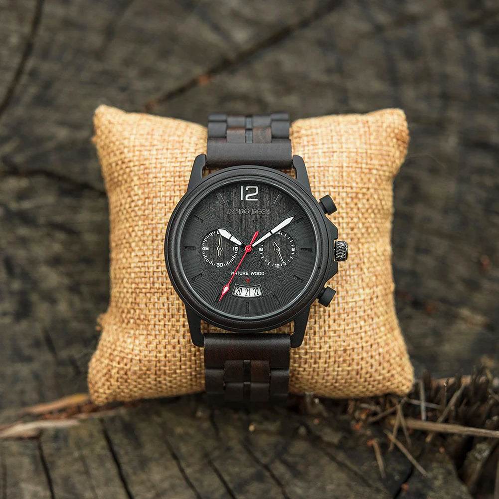 Men’s Classic Fashion Ebony Wooden Quartz Movement Wristwatch - Auto Date Calendar Display