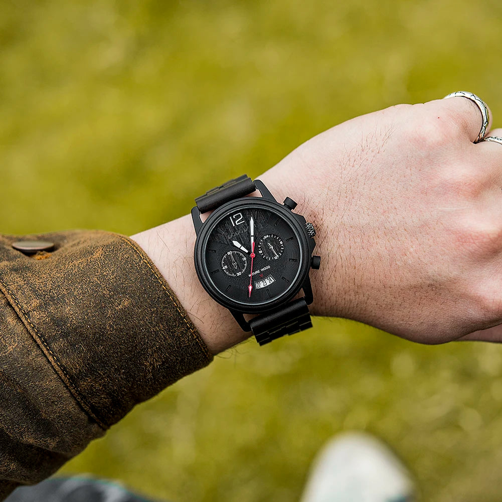 Men’s Classic Fashion Ebony Wooden Quartz Movement Wristwatch - Auto Date Calendar Display