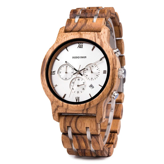 Men’s Classic Sports Wooden Watch - Round Analog Face With Date Display