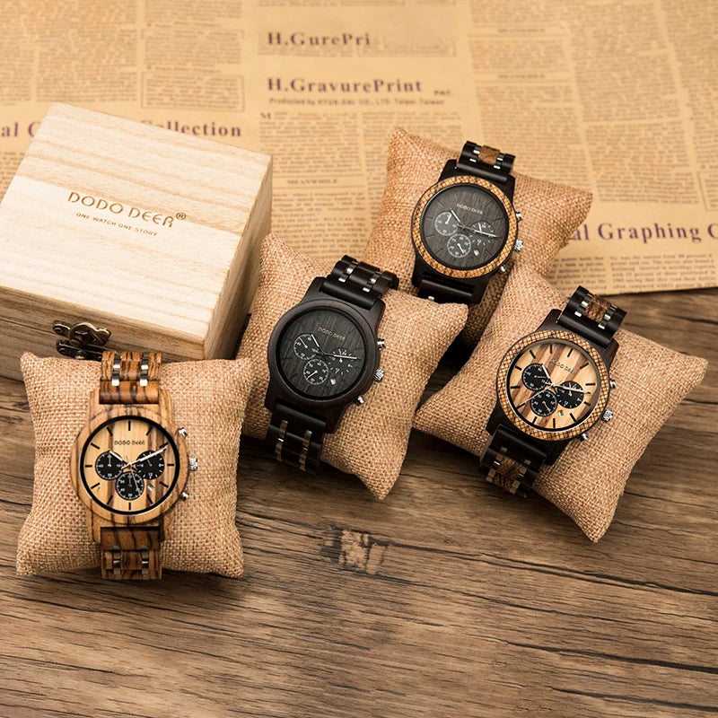 Mens Quartz Movement Wooden Wristwatch - Chronograph Luxury Stopwatch Auto Date Timepiece