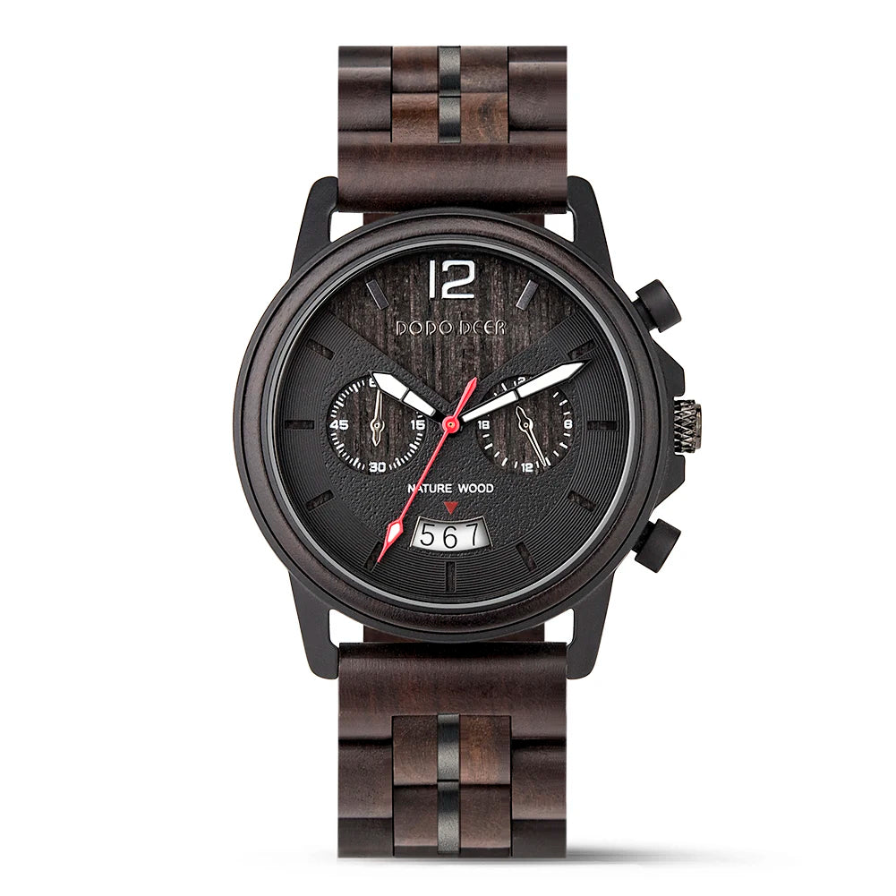 Men’s Classic Fashion Ebony Wooden Quartz Movement Wristwatch - Auto Date Calendar Display