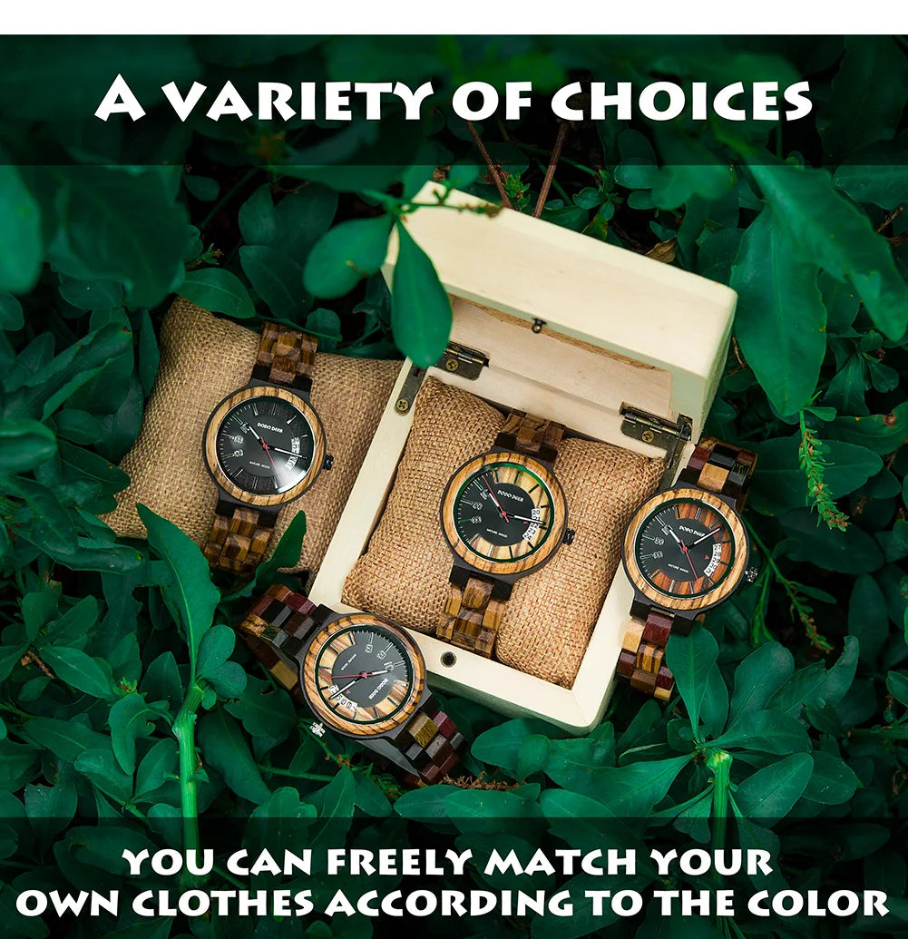 Women’s Fashion Quartz Wristwatches - Analog Face With Date Display - Real Wood Colorful Banded Timepiece For Ladies