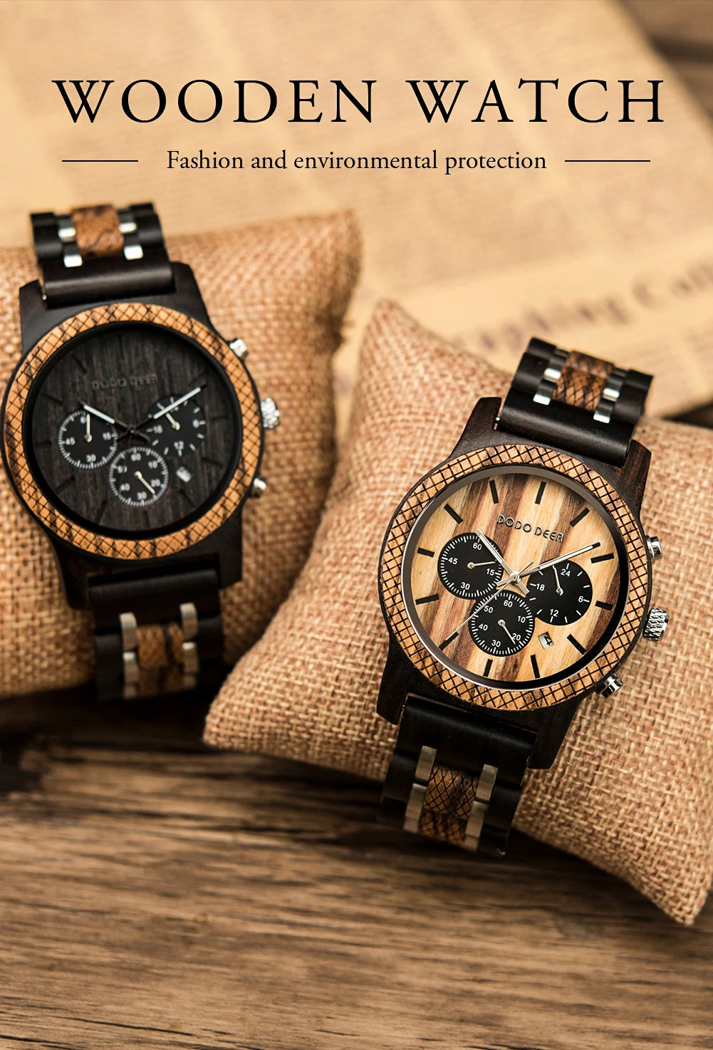 Mens Quartz Movement Wooden Wristwatch - Chronograph Luxury Stopwatch Auto Date Timepiece