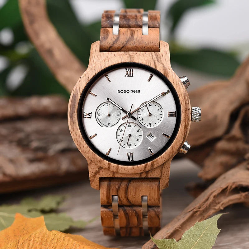 Men’s Classic Sports Wooden Watch - Round Analog Face With Date Display