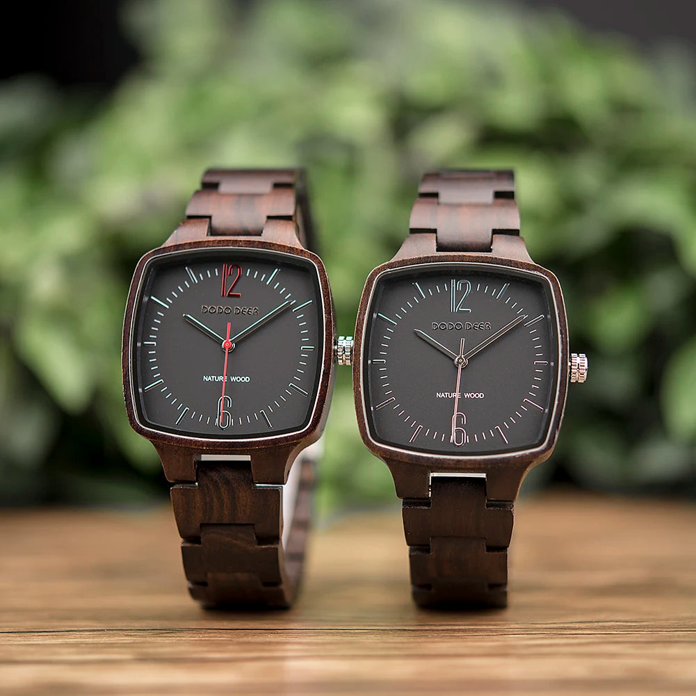 Retro Unisex Wooden Watch for Men or Women - Square Analog Face Unique Hands