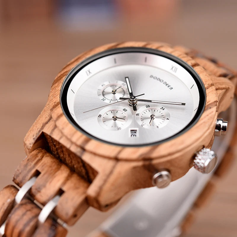 Women’s Luxury Wooden Watch with Chronograph Date and Quartz Movement