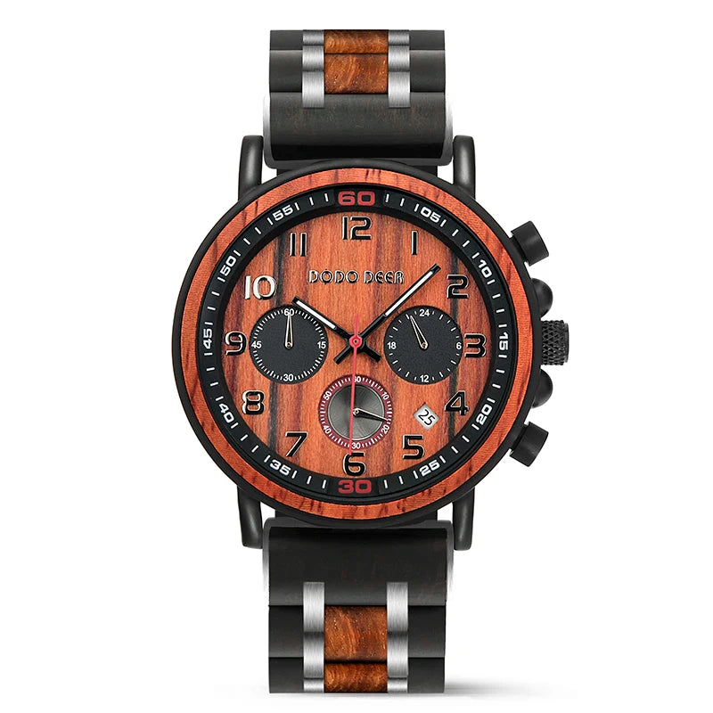 Classic Fashion Men’s Wooden Watch - Red Sandalwood Chronograph Quartz Movement Wristwatch