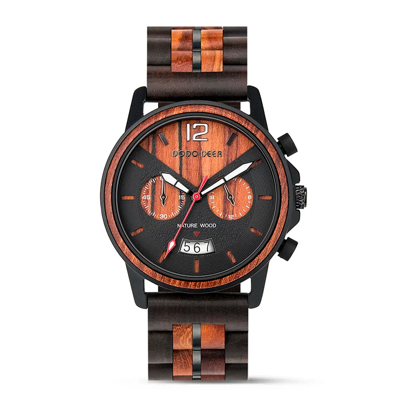 Men’s Classic Fashion Ebony Wooden Quartz Movement Wristwatch - Auto Date Calendar Display