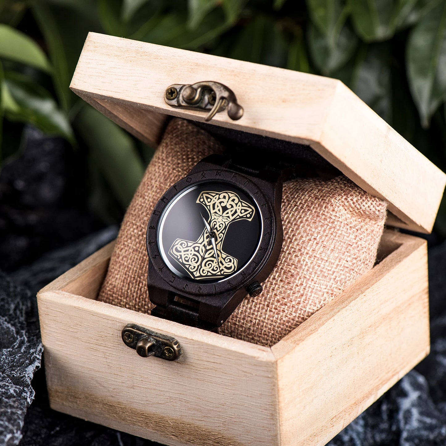 Men's Handmade Wooden Wristwatch - Viking Style Carved Round Face - Quartz Movement