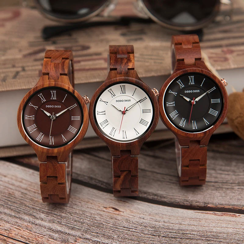 Simple Wooden Quartz Analog Wrist Watch For Women - Round Face With Roman Numerals