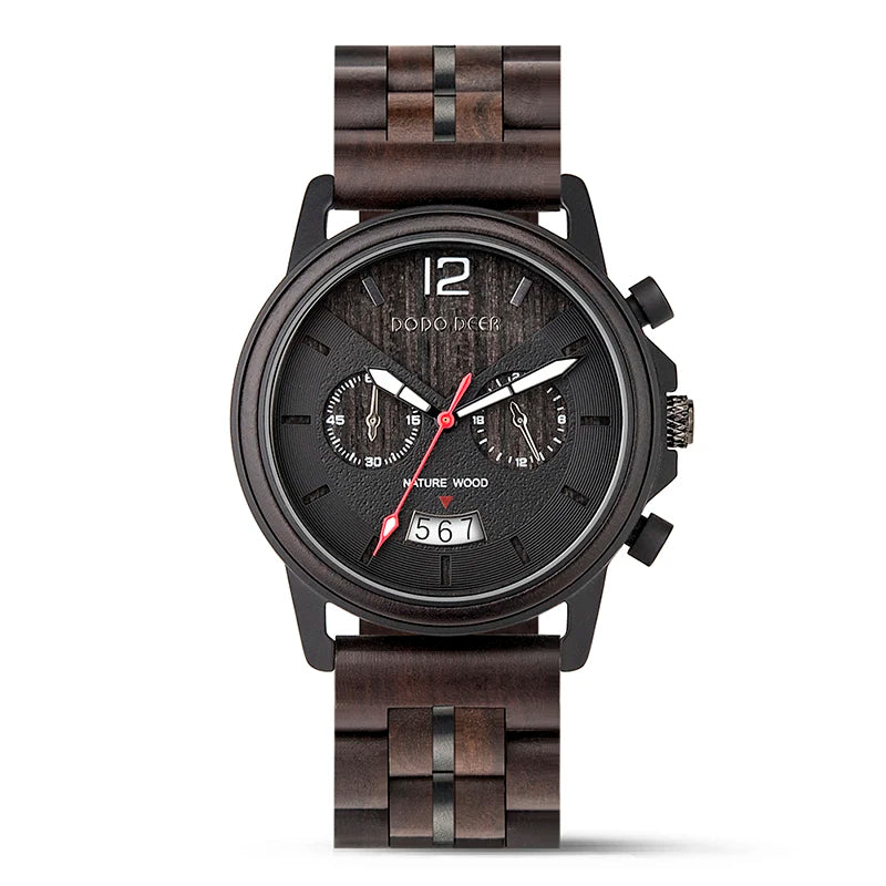 Men’s Classic Fashion Ebony Wooden Quartz Movement Wristwatch - Auto Date Calendar Display