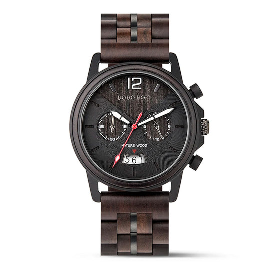 Men’s Classic Fashion Ebony Wooden Quartz Movement Wristwatch - Auto Date Calendar Display