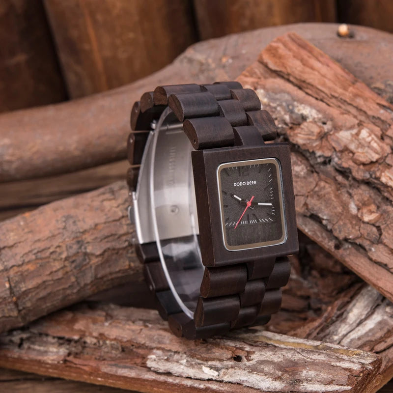 Ladies Wooden Watch With Square Analog Face - Quartz Movement And Retro Display