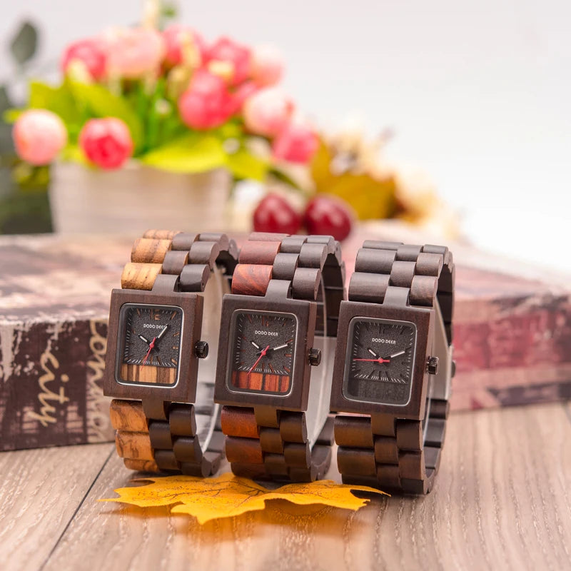Ladies Wooden Watch With Square Analog Face - Quartz Movement And Retro Display