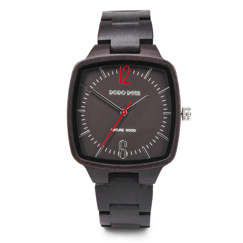 Retro Unisex Wooden Watch for Men or Women - Square Analog Face Unique Hands