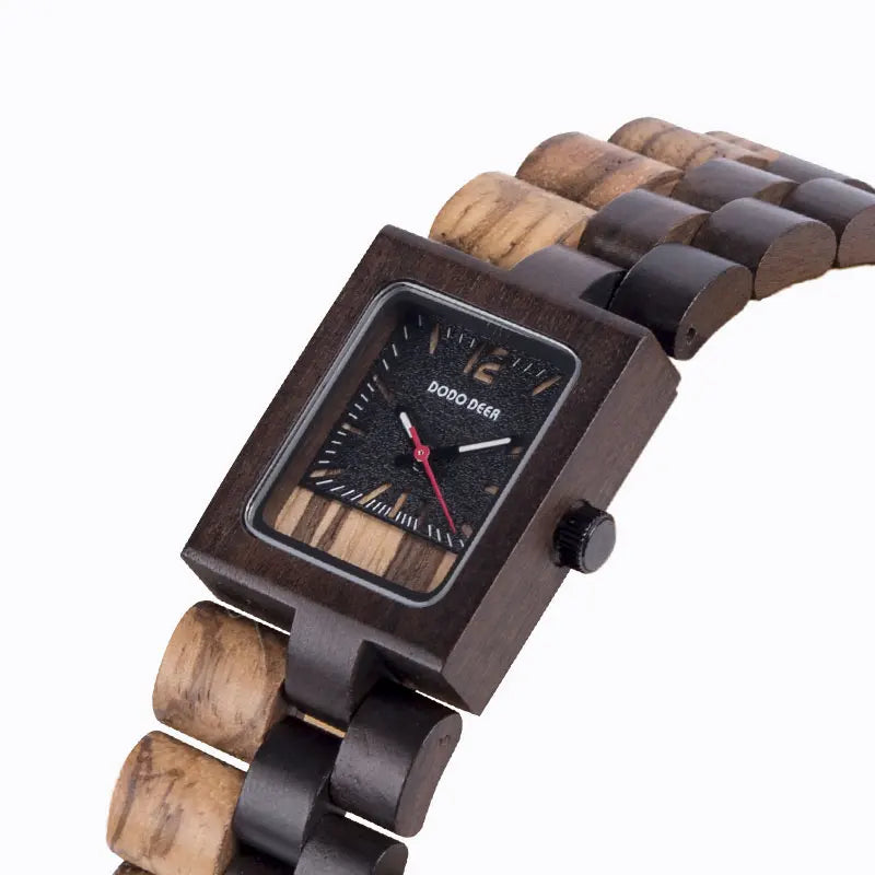 Ladies Wooden Watch With Square Analog Face - Quartz Movement And Retro Display