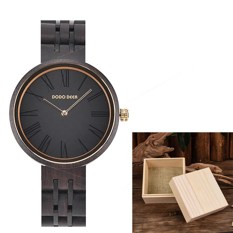 Fashion Ebony Wooden Watch For Women - Round Analog Face With Roman Numerals