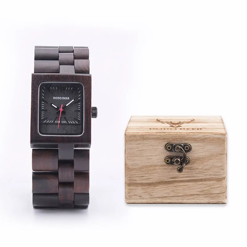 Ladies Wooden Watch With Square Analog Face - Quartz Movement And Retro Display