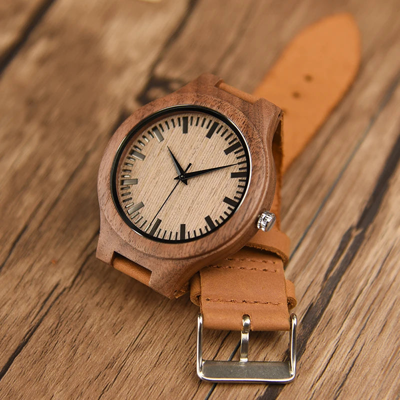 Mens Wooden Face Watch With Leather Wristband - Simple Rustic Timepiece
