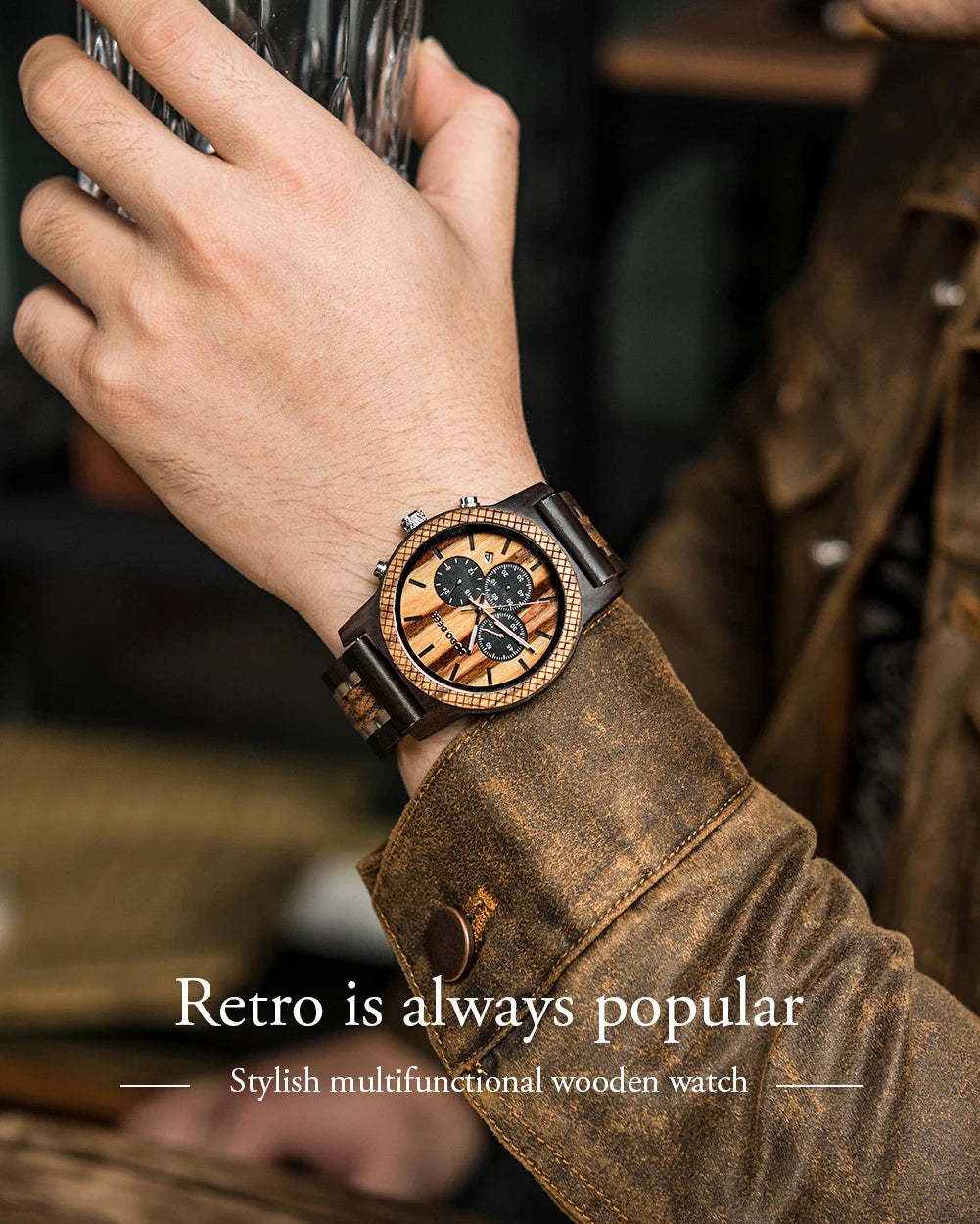 Mens Quartz Movement Wooden Wristwatch - Chronograph Luxury Stopwatch Auto Date Timepiece