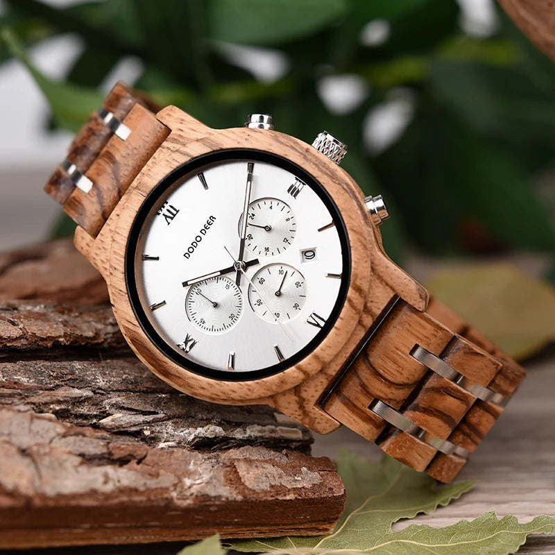 Men’s Classic Sports Wooden Watch - Round Analog Face With Date Display